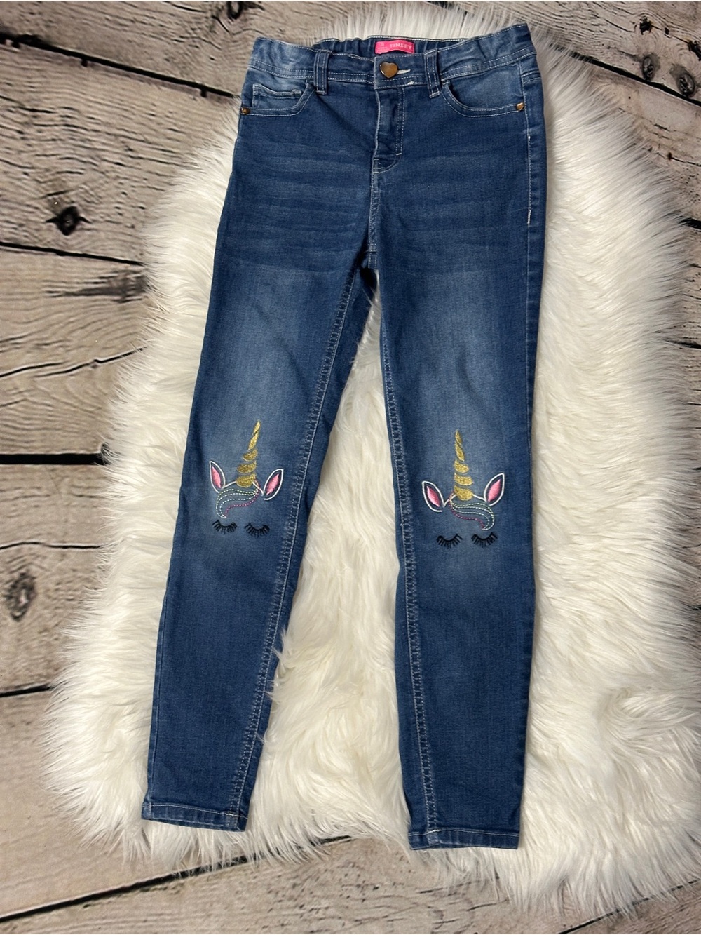 Girls Dark Blue Unicorn Embroidered Skinny Jeans